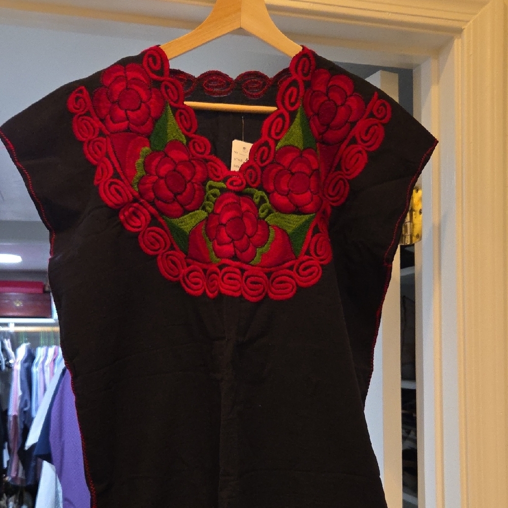 Black Top with Red Floral Embroidery